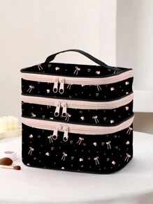Trape Graphic Bolsa de cosméticos con patrón de rosa y moño estilo Kawaii de 3 capas, con forma cuadrada para maquillaje, ideal para vacaciones, Año Nuevo y Día de San Valentín
