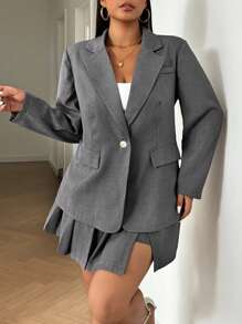 Flirla Plus Size Women Elegant Set - Solid Color Lapel Neck Long Sleeve Blazer Jacket & Pleated Midi Skirt, Autumn - Multicolor - View 4