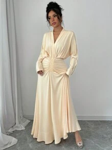 Chiquease V-Neck Pleated Ruffle Hem Solid Color Long Dress, For Women, Winter Maxi Women Outfit - Apricot - View 4