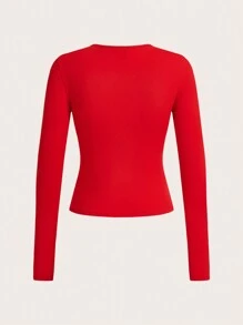 SHEIN Essnce Women's Solid Color Round Neck Long Sleeve Hollow Out Fitted T-Shirt With Bow Decor, Spring Autumn,Red Women Tops,