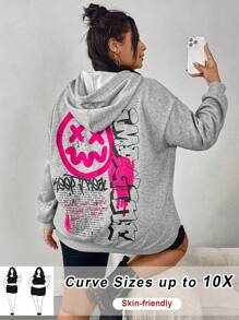 SHEIN CURVE+ Plus Size Casual And Simple Cartoon Letter Pattern Long Sleeved Hood Suitable For Autumn And Winter Ultra Loose Women's Hoodie