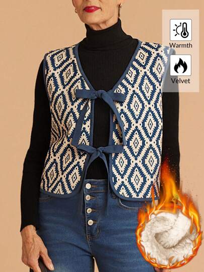 SHEIN LUNE Women Casual Geometric Printed Vest Jacket, Suitable For Vacation