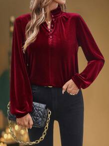 SHEIN LUNE Chemise élégante à col montant et manches bouffantes unicolore, automne