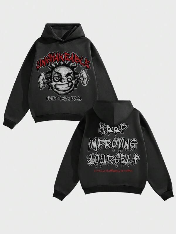 Manfinity ZONE917 Men's Loose Street-Style Vintage Popular And Interesting Distressed Cartoon Hip-Hop Smoke Spray Graffiti Text Print Black Dropped Shoulder Hoodie, Suitable For Wearing In Autumn And Winter. Vintage Black Graphic Long Sleeve Hoodie, For Friends, Husband, Boyfriend Gifts