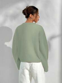 Flirla 女士休闲日常宽松纯色套头毛衣，秋冬 - 綠色 - 查看 2