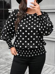 SHEIN LUNE Blusa con cuello redondo, volantes y manga larga con estampado de lunares para talla grande, conjunto para vacaciones