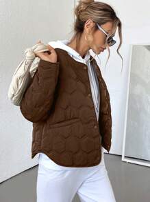 GENKIRA Fashionable Casual Geometric Pattern Round Neck PocketPadded Insulated Polyfill Synthetic Insulation Winter Coat Winter Jacket Jacket Fall Cloth For Women - Brown - View 2