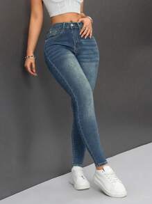 SHEIN PETITE 女士休闲日常破洞斜口袋紧身牛仔裤，春秋季 - 中等水洗藍 - 查看 4