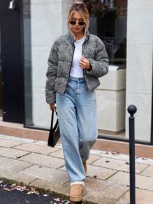 SHEIN LUNE 女士休闲波尔卡圆点豹纹短款保暖立领口袋羽绒服，秋冬