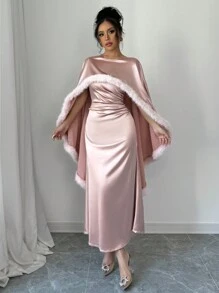 Rafferiza 女士披肩领毛边优雅舞会礼服长款缎面女士服装 - 粉色 - 查看 6