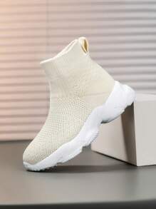 儿童中帮运动鞋，纯色，时尚百搭弹性鞋面，轻松穿脱，一键式，适合在校学生和朋友的厚底鞋，秋冬季