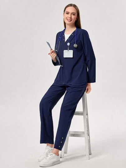 TaskEZ 超柔软女士时尚休闲功能性工作运动磨砂制服 V 领前拉链设计和五金装饰长袖上衣和休闲多口袋长裤套装，春/秋，非常适合日常/休闲运动装，上衣拉链设计和底部腰部松紧设计舒适且易于穿脱，可在多种场合穿着，是工作和运动的最佳选择