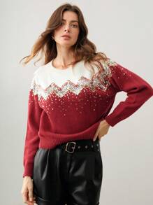 Anewsta Casual Minimalist Colorful Sequin Design Crew Neck Sweater For New Year Knit Pullover Fall Winter - Red - View 5
