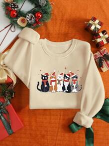 INAWLY Sudadera casual de punto de cuello redondo y manga larga con estampado de gatos navideños para mujeres, otoño/invierno