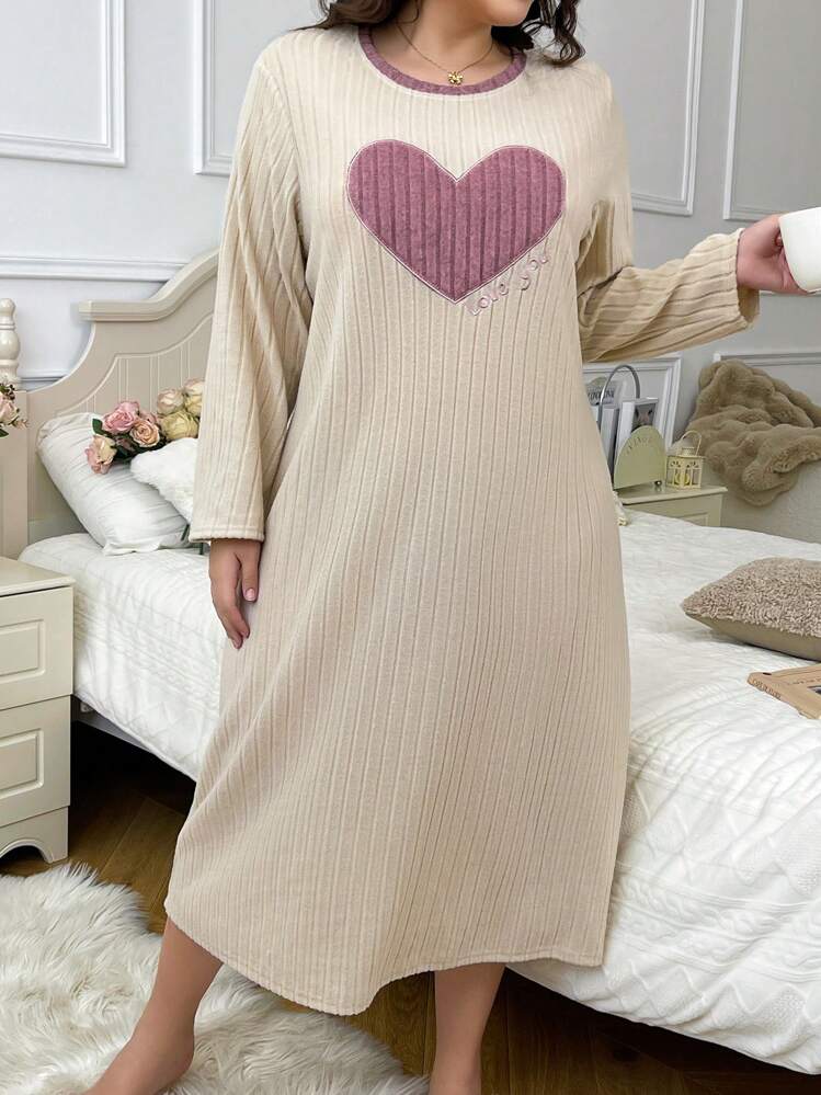 Plus Size Women Textured Heart Embroidery Round Neck Long Sleeve Nightgown, Autumn/Winter, For Fall, Cozy Outfit, Moo Moo Night Dress - Apricot - View 2