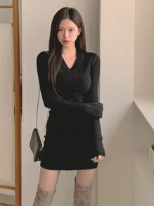 DAZY Women V-Neck Fitted Waist Sweater Dress,Fall Women Clothes - Black - View 2