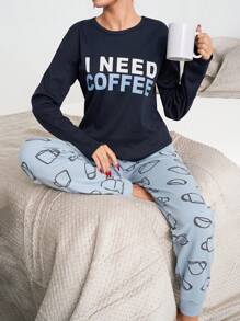 RueChic 2pcs Cotton Slogan Printed Shirt And Coffee Pattern Bottoms Homewear Set - Navy Blue - View 4