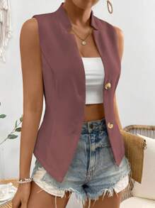 SHEIN ChicEase Women's Casual Solid Color V-Neck Single-Breasted Fitted Lightweight Waistcoat - Purple - View 4