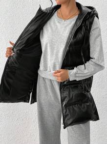 SHEIN Essnce Black Hooded Leather Down& Feathers Jacket With Double Pockets, Zipper, Windproof And Warm, 50% Filled Down& Feathers Down& Feathers Jacket, Side Slits, Metal Buckle, Adjustable Mid-Length Down& Feathers Jacket