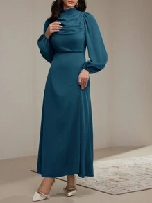 Modelyn 女士简约纯色优雅褶皱腰连衣裙，秋季长款晚礼服 - 水鴨藍 - 查看 6