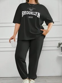 SHEIN Cottnline 100%Cotton Cottonline Solid Color Printed T-Shirt & Sweatpants - Black - View 3
