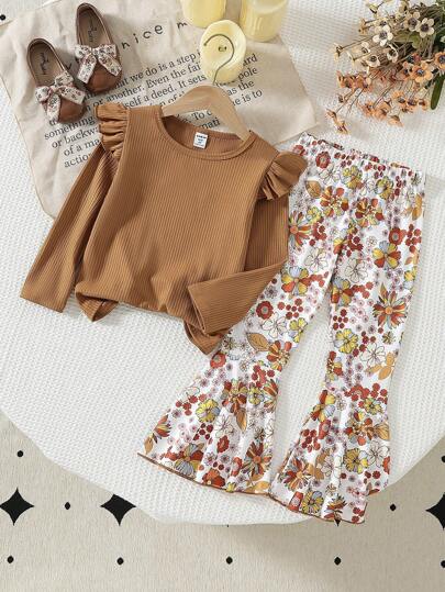 Young Girls 2pcs Set New Korean Version Round Neck Long Sleeve Top & Digital Print Flare Pants, Casual Outfit For Spring Autumn
