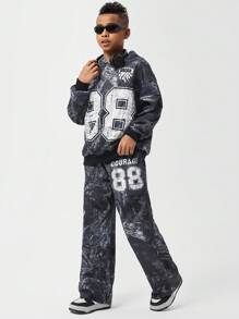 SHEIN Bộ 2 món cho bé trai tuổi teen, gồm áo hoodie và quần nỉ in hình. - màu đen - Xem 4