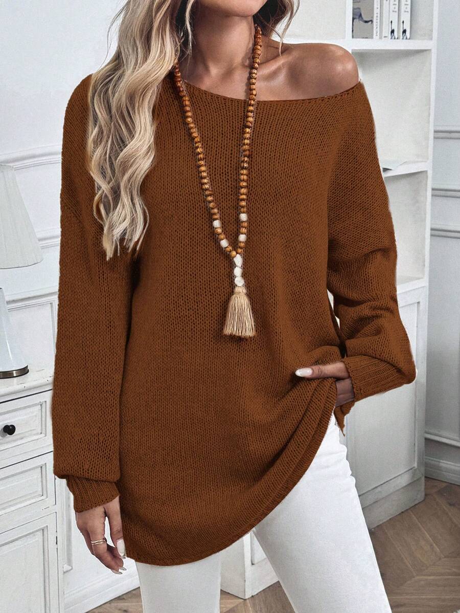 SHEIN LUNE 针织毛衣，纯色，宽松，休闲秋季圆领落肩蝙蝠袖针织 - 咖啡棕 - 查看 1