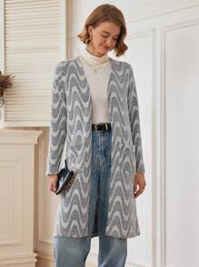 SHEIN Unity 1pc Women Casual Wave Patterned Thin Fleece Cardigan Jacket Fall Cloth For Women - Grey - View 3