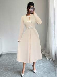 Elenzga 1 chiếc váy trang trí nơ thanh lịch thường ngày cho nữ, dành cho mùa thu - Màu be - Xem 3