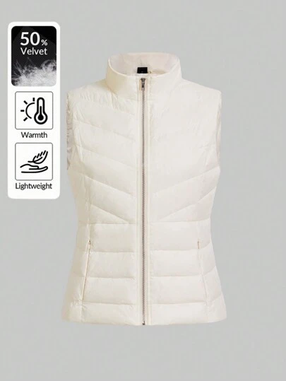 SHEIN Essnce 女式纯色拉链无袖羽绒夹克，带口袋，适合冬季