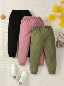 SHEIN 年轻女孩 3 件套儿童纯色松紧腰灯芯绒慢跑裤，秋冬 - 彩色 - 查看 2