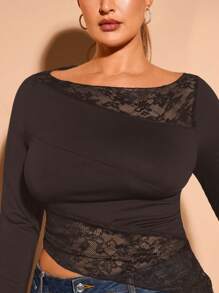 SHEIN BAE Plus Size Autumn Black One-Shoulder See-Through Lace Splicing Asymmetrical Hem Elegant Formal Evening Night Out Club Long-Sleeved Knitted T-Shirt - Coffee Brown - View 6