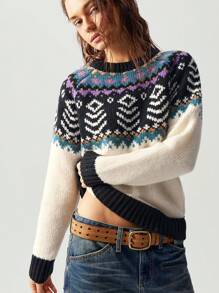 Bohemela Loose Round Neck Long Sleeve Sweater For Women, Vacation Style - White - View 3
