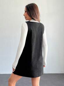 SHEIN PETITE Solid V Neck Corduroy Dress Without Sweater Fall/Winter Dresses - Black - View 2