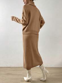 Chiquease 2 stuks/set dames effen kleur hoge hals drop schouder lange mouw trui & wikkel zoom gebreide rok casual outfit, herfst/winter