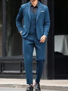 Manfinity Mode 3pcs/Set Men's Solid Color Long Sleeve Suit Jacket, V-Neck Buttoned Vest, And Suit Pants, Business Suit Set - Dark Green - View 4