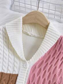Áo khoác cardigan dáng rộng đơn hàng ngày họa tiết khối màu tay dài cho bé gái tuổi mới lớn, ấm áp khi mặc vào mùa thu/đông, đặc biệt thích hợp cho các buổi đi chơi - Hồng - Xem 3