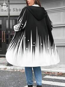 SHEIN LUNE Plus Size Women Christmas Contrast Color Zip Up Hoodie Coat With Drawstring Holiday Thermal - Black - View 2