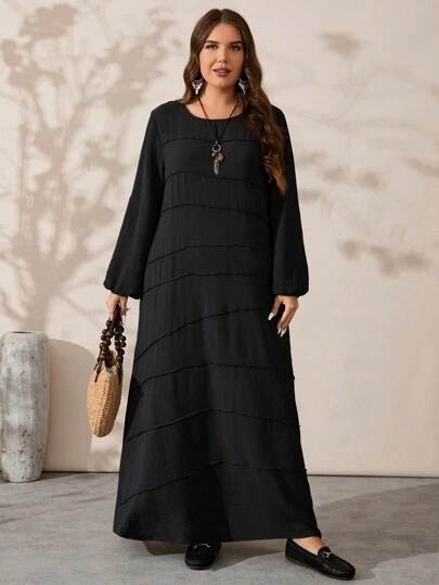 Rosumi Plus Size Damer Svart Casual Enfärgad Lantern Sleeve Loose Klänning för vår och höst