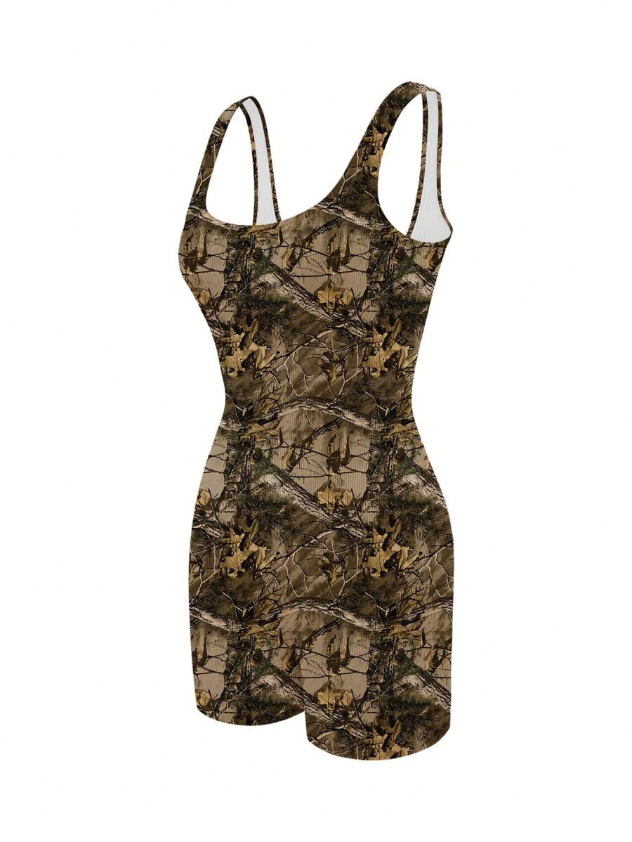 INAWLY 1pc Women Branch Print Sleeveless Bodycon Romper - Khaki - View 1