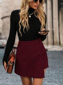 SHEIN LUNE Women Casual Solid Color Zipper Back Skort - Burgundy - View 1