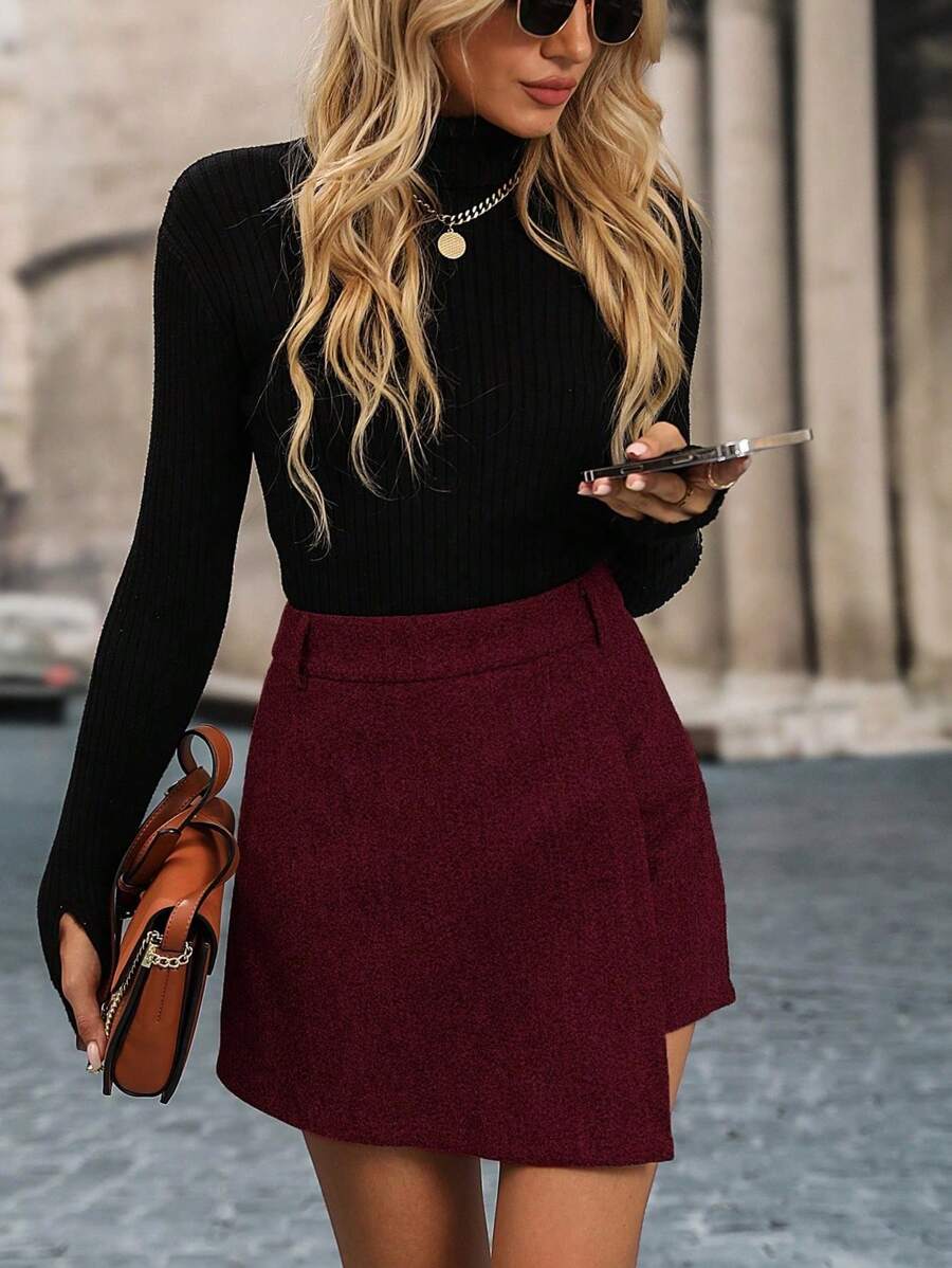 SHEIN LUNE Women Casual Solid Color Zipper Back Skort - Burgundy - View 1