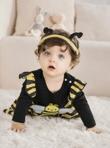 SHEIN Newborn Baby Girl Cute Bee Plush Decor Round Neck Ruffled Sleeve Striped Patchwork Dress With Horned Headband