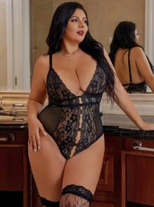 Plus Size Sexy Lace Ruffled Romper, Charming Lingerie - Black - View 3