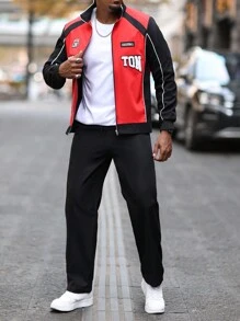 Manfinity Homme 2pcs Men's Color Block Patchwork Front Zip Long Sleeve Letter Print Minimalist Jacket & Pants, Men Tracksuit, Men Two Pieces Outfits, Men Clothes - Multicolor - View 3