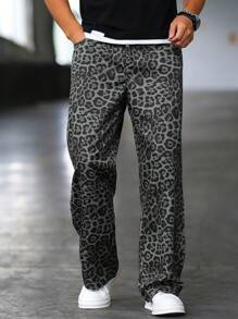 Manfinity Hypemode Men's Casual Daily Wear Leopard Print Side Pocket Loose Straight Leg Pants, Spring And Autumn, Fall - Multicolor - View 3
