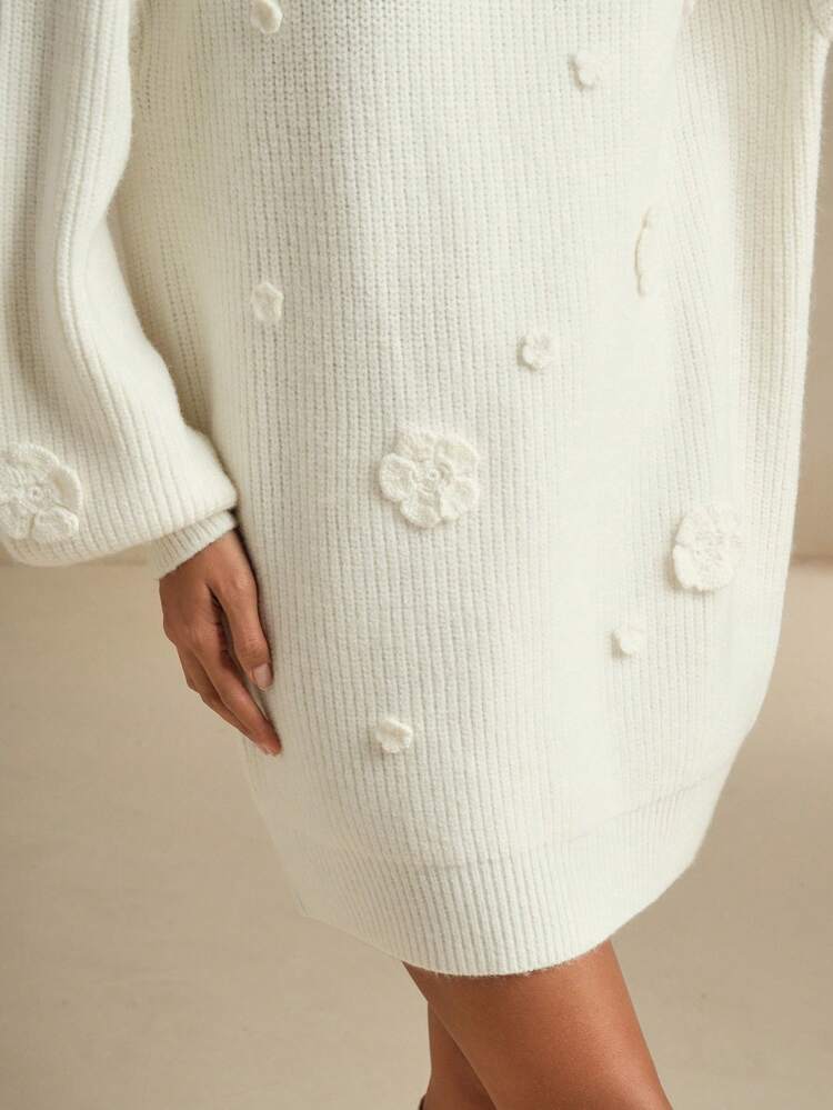 Solid Elegant Oversized Textured 3D Floral Crochet Sweater Dress