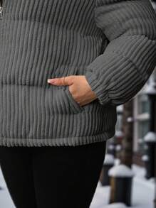 SHEIN LUNE Plus Size Women Christmas Green Geometric Pattern Regular Loose Fit Stand Collar Zip-Up Padded Coat, Winter Thickened  Jacket & Parkas Winter Coat