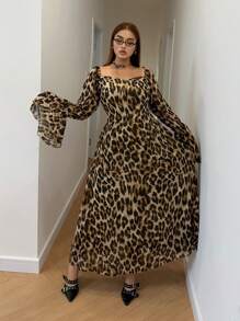 SHEIN Clasi Plus Size Women Fashion Bodycon Off-Shoulder Dress With Ruffled Sleeve And Hem Details Maxi Women Outfit - Multicolor - View 3